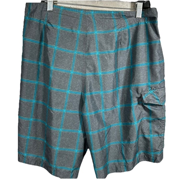 Old Navy Swim Trunks Men's Medium Gray And Blue Plaid Board Shorts Drawstring - Picture 2 of 8